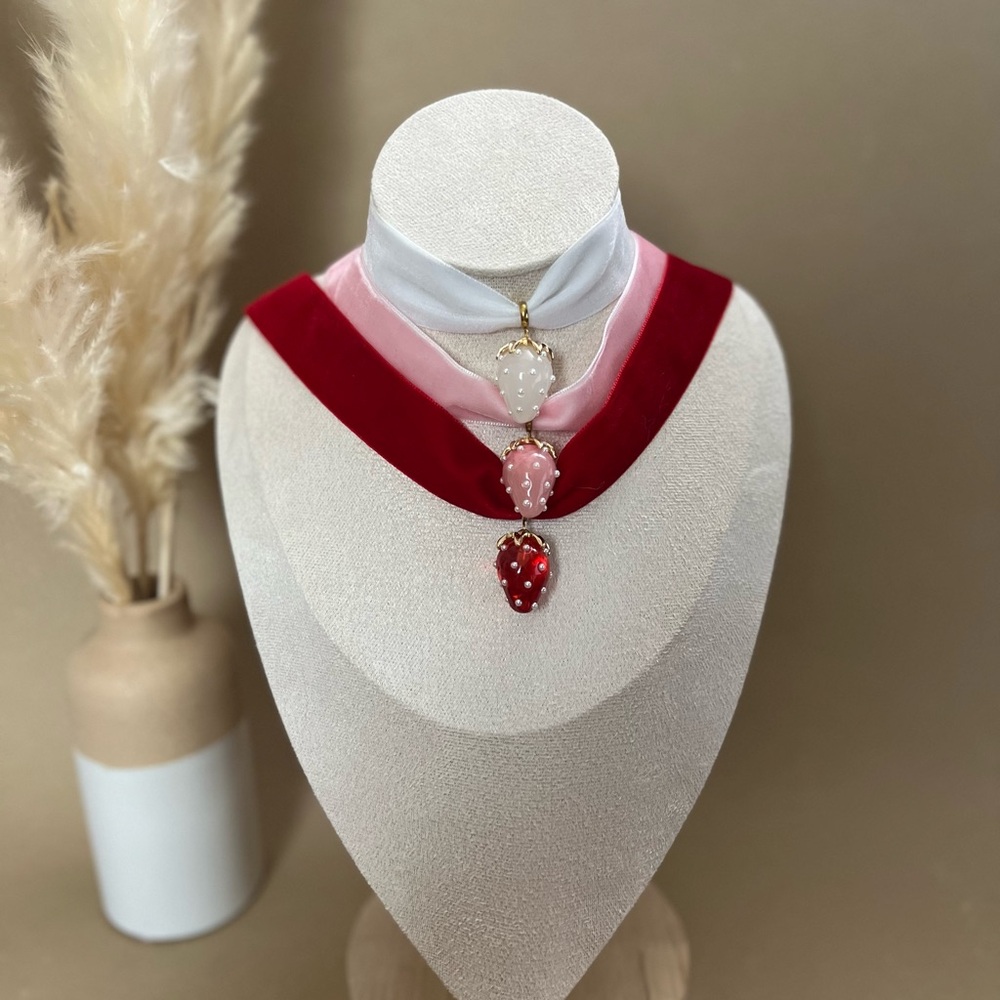 Handmade Strawberry Velvet Choker: Kawaii Y2K Necklace